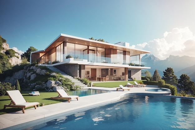 Renderowanie 3D nowoczesnego domu z basenem na tle gór