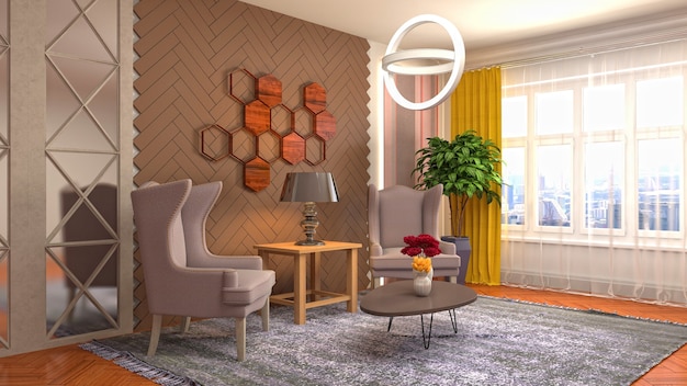 Renderowanie 3D nowoczesnego i przytulnego salonu