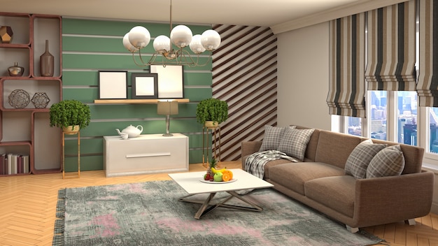 Renderowanie 3D nowoczesnego i przytulnego salonu