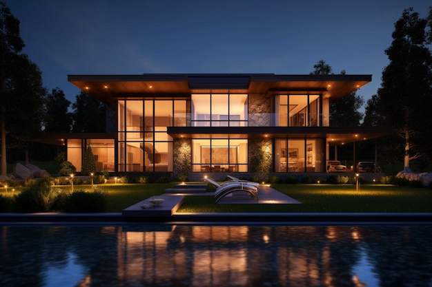Renderowanie 3D nowoczesnego, przytulnego domu z parkingiem i basenem na sprzedaż lub wynajem z fasadą z desek drewnianych
