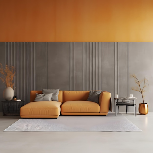 Renderowanie 3D nowoczesnego salonu z szarą sofą i dekoracyjną ścianą aksamitnego brązowego krzesła