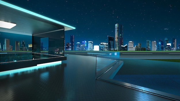 Renderowanie 3D nowoczesnego szklanego balkonu z panoramą miasta w tle z prawdziwą fotografią scena nocna Technika mieszana