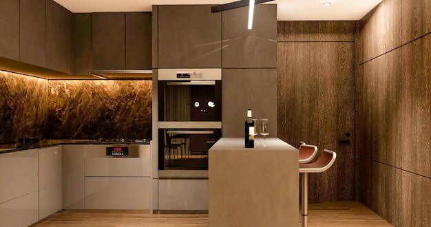 Renderowanie 3d nowoczesny luksusowy pokój dzienny jadalnia i kuchnia wnętrz