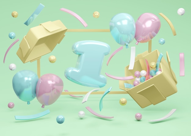 Zdjęcie renderowanie 3d numer 1 urodziny eksploduje z pudełka z balonem i konfetti na zielonym tle