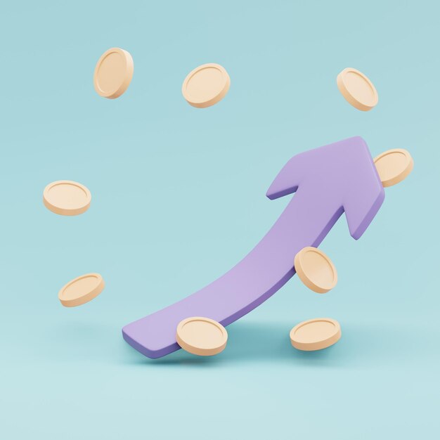 Renderowanie 3D obfitości monety i strzałki skierowanej w górę ikony z miejscem na tekst koncepcja giełdy inwestycyjnej na tle 3D Render ilustracja stylu cartoon