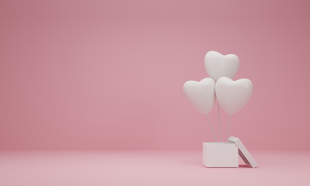 Renderowanie 3d. Otwórz pudełko z sercem balon na pastelowym różowym tle. Minimalna koncepcja.