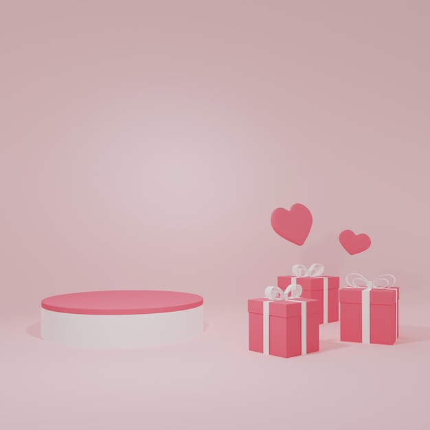 Renderowanie 3d Ozdobne Pudełko Na Prezent Wokół Stojaka Na Produkt, Miłość I Walentynki świętują