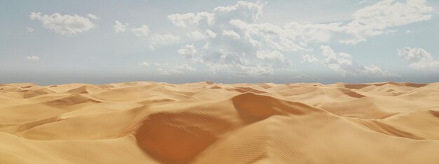 Renderowanie 3D Panorama wydm na piaszczystej pustyni pod błękitnym niebem