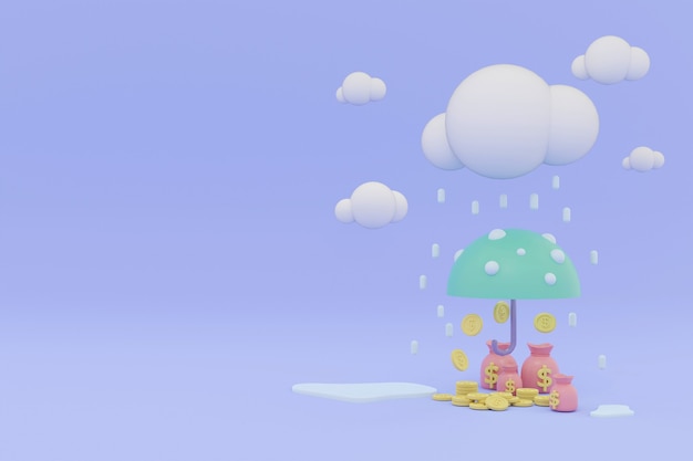 Renderowanie 3D pastelowe monety i sakiewka pod parasolem w deszczu z miejscem na tekst po lewej stronie