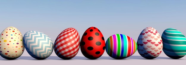 Renderowanie 3D Piękna kartka wielkanocna z kolorowymi jajkami wielkanocnymi z rzędu