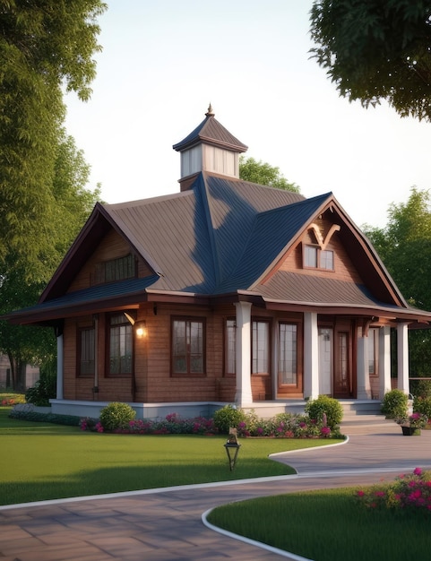 Renderowanie 3D pięknego domu z ogrodem i werandą