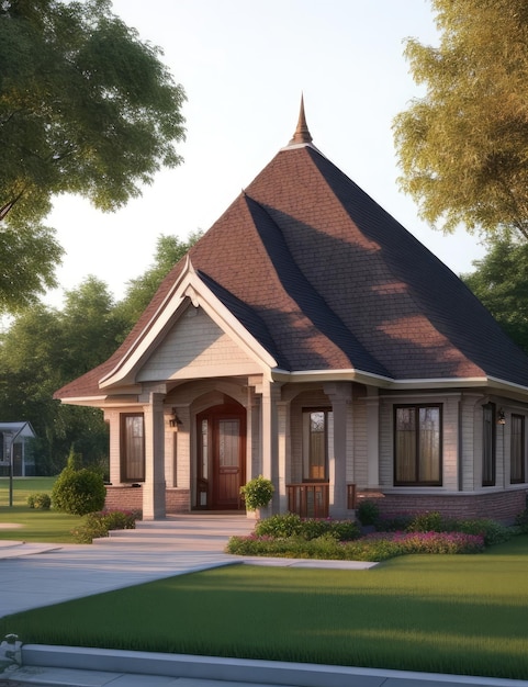 Renderowanie 3D pięknego domu z ogrodem i werandą