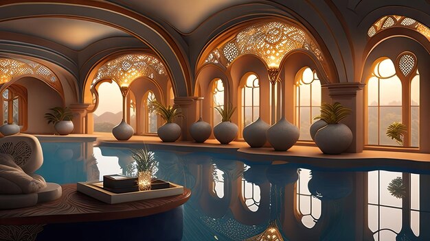 Renderowanie 3D pięknego wnętrza w stylu arabskim z basenem
