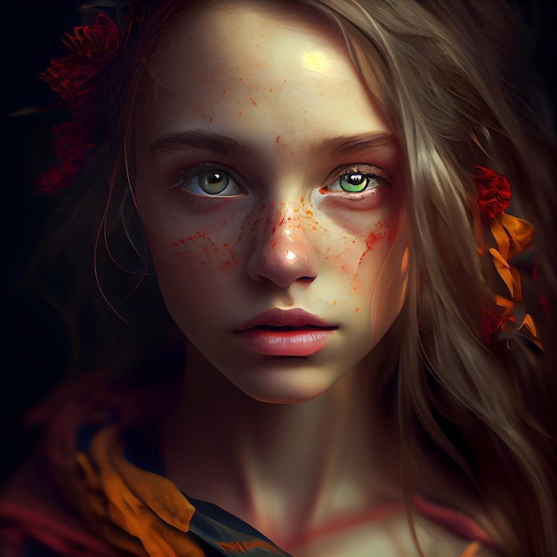 Zdjęcie renderowanie 3d pięknej dziewczyny z krwią na twarzy