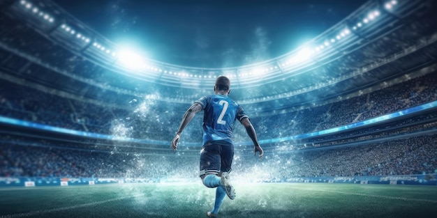 Renderowanie 3D Piłkarz stojący na stadionie piłkarskim Przyszłe marzenie o byciu piłkarzem Generacyjna sztuczna inteligencja