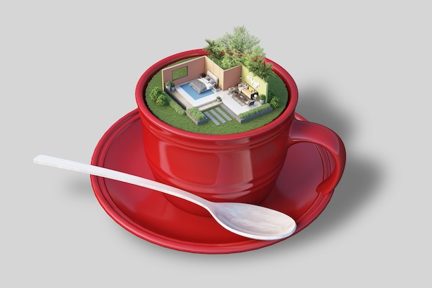 Renderowanie 3D planów architektonicznych w filiżankach do kawy