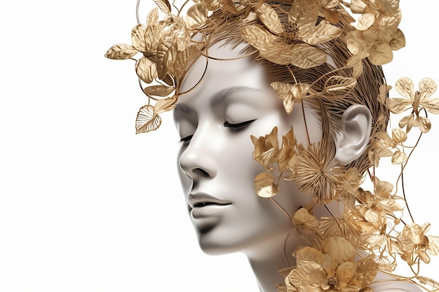 Renderowanie 3D portret pięknej kobiety wykonany ze złotych kwiatów wokół jej głowy wygenerowany przez sztuczną inteligencję