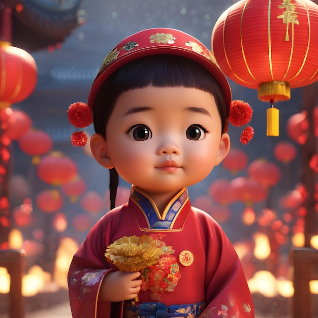 Renderowanie 3D Postać z kreskówki mała dziewczynka świętuje chiński Nowy Rok