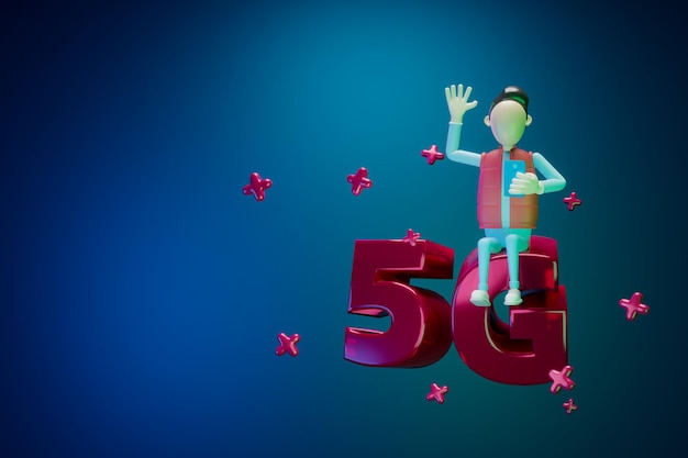 Renderowanie 3d Postać z telefonem siedzi na literach wolumetrycznych 5G w przestrzeni wirtualnej