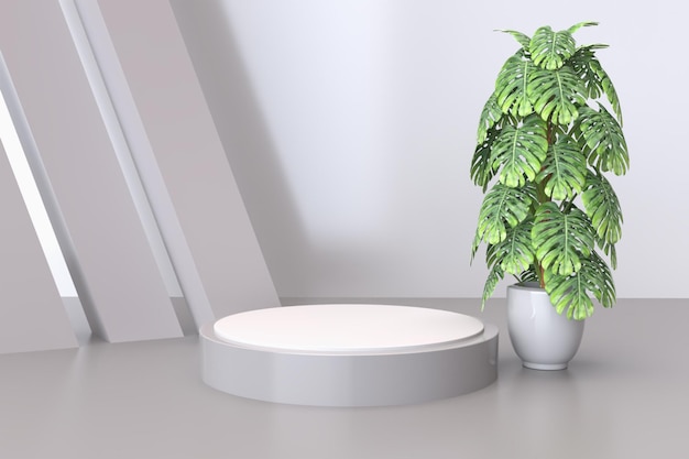 Renderowanie 3D Produkt sprzedaży na podium Luksusowy z białym kolorem rośliny monstera