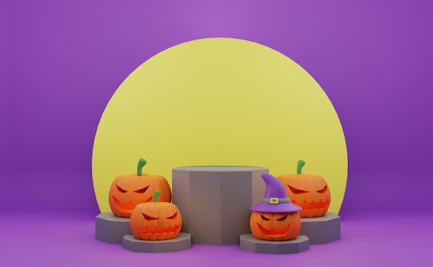 Renderowanie 3d Promocja Na Podium Halloween Z Przerażającym Charakterem Tła Dyni Księżyca