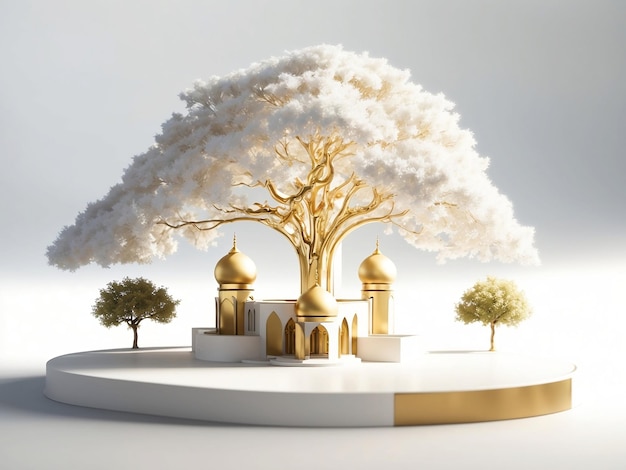 Renderowanie 3D prostej, precyzyjnej miniatury meczetu z białego złota