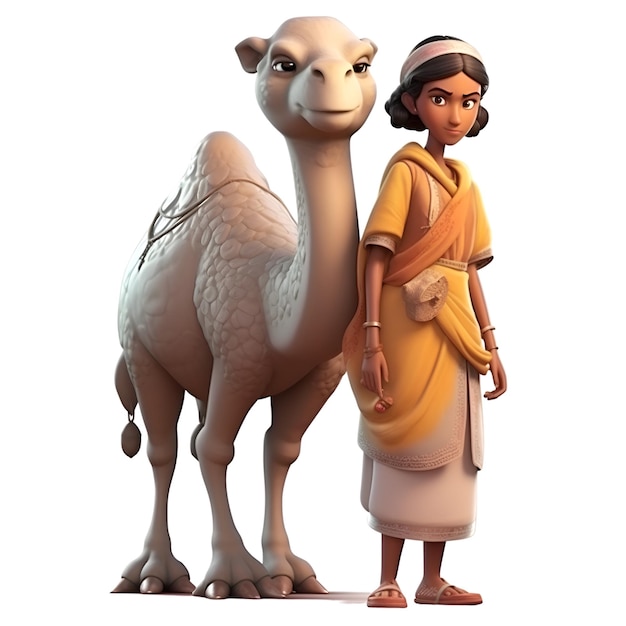 Renderowanie 3D przedstawiające kobietę rysunkową z wielbłądem na białym tle