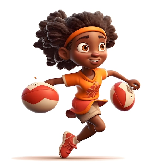 Renderowanie 3D przedstawiające małą Afroamerykankę grającą w koszykówkę z piłką