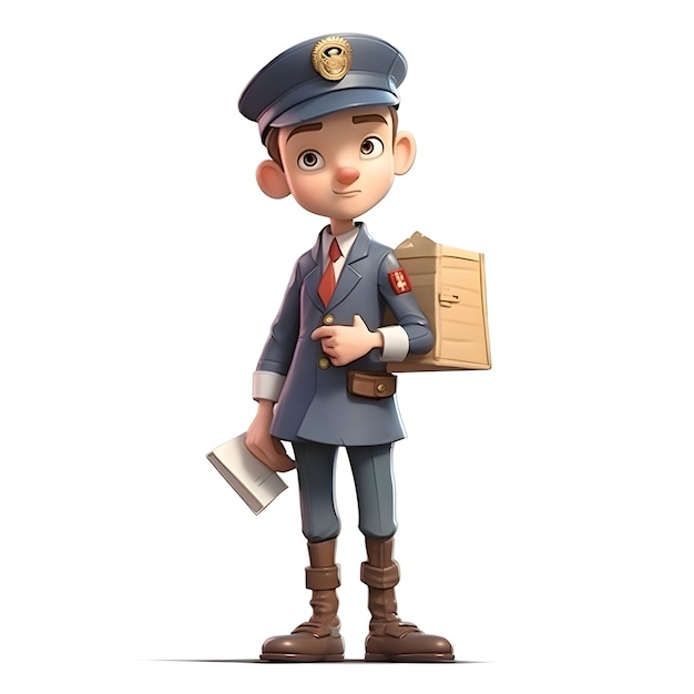 Renderowanie 3D przedstawiające małego policjanta z książką i torbą