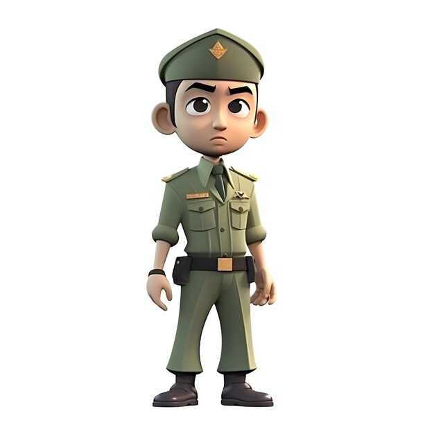 Zdjęcie renderowanie 3d przedstawiające uroczego chłopca w mundurze żołnierza ze smutnym wyrazem twarzy