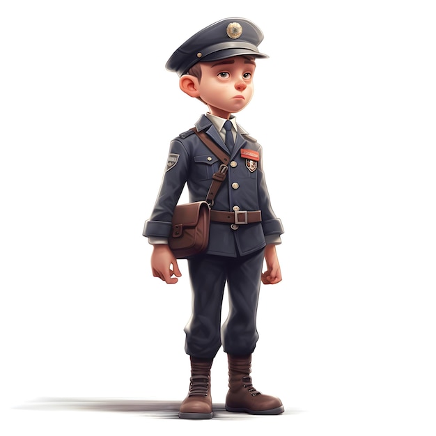 Zdjęcie renderowanie 3d przedstawiającego uroczego chłopczyka przebranego za funkcjonariusza policji