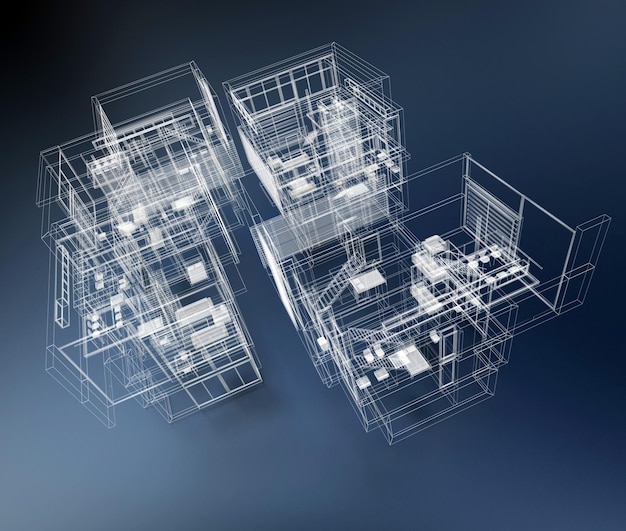 Renderowanie 3D przezroczystego budynku na niebieskim tle