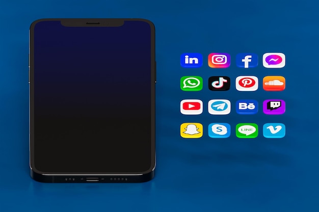 Zdjęcie renderowanie 3d przyciski aplikacji mobilnej obok zablokowana komórka brak kolorowego ekranu z mediami społecznościowymi