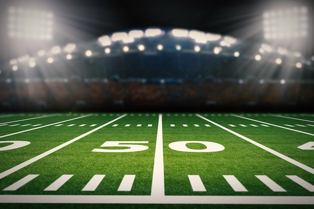 Renderowanie 3d puste boisko do futbolu amerykańskiego ze stadionem