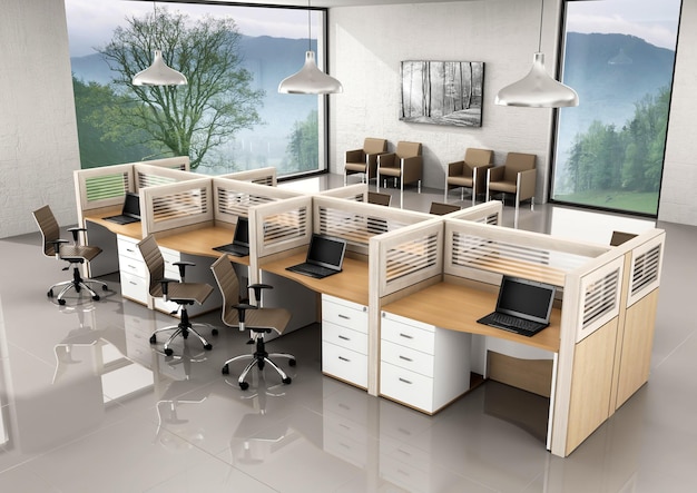Zdjęcie renderowanie 3d puste wnętrze partycji stacji roboczej biura