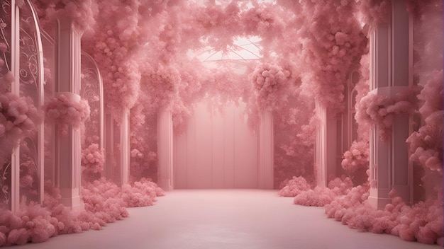 Zdjęcie renderowanie 3d pustego korytarza z różowymi chmurami w tle