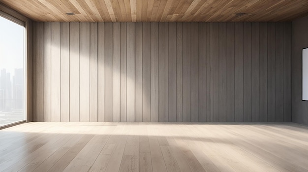 Renderowanie 3d pustego pokoju z drewnianą podłogą i betonową ścianą