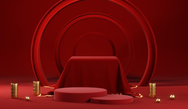 Renderowanie 3D pustego tła produktu dla kremowych kosmetyków Nowoczesne czerwone tło podium