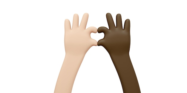 Renderowanie 3D rąk w wielu kolorach skóry gestykuluje mini znak serca na białym tle transparent koncepcja zatrzymania rasizmu, nie ma wojny, przestań walczyć i równość praw człowieka Ilustracja 3D Render