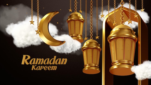 Zdjęcie renderowanie 3d ramadan kareem lampiony lampy złoty kolor religia islamska