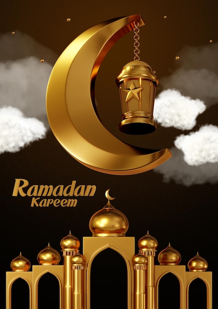 Zdjęcie renderowanie 3d ramadan kareem półksiężyc i kopuła islamskie luksusowe arabskie złote budynki