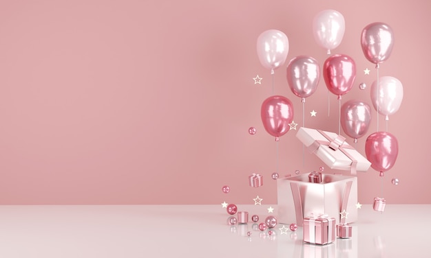 Renderowanie 3D realistyczne różowe balony z pustą kopią miejsca na tekst i prezent na tle