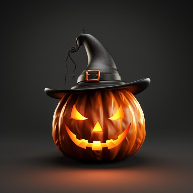 Renderowanie 3D realistycznej dyni halloweenowej z kapeluszem czarownicy