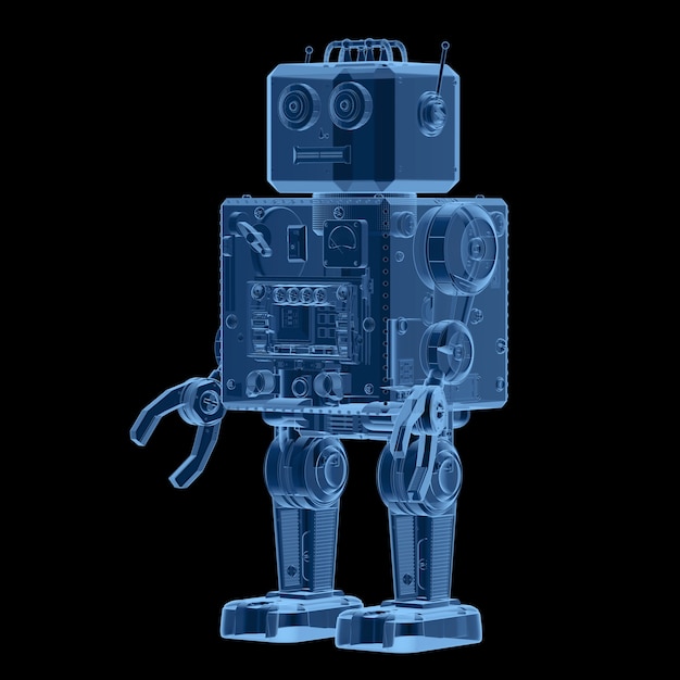 Renderowanie 3d rentgenowskie robota blaszana zabawka na czarnym tle