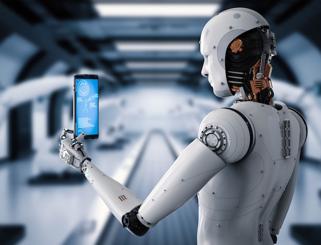 Renderowanie 3d Robota Androidowego Trzymającego Tablet W Fabryce