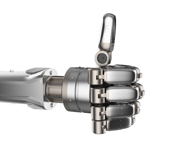 Renderowanie 3d robota lub cyborga kciuk w górę na białym tle