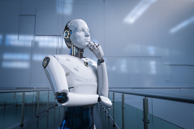 Renderowanie 3d robota sztucznej inteligencji lub cyborga analizuje lub oblicza