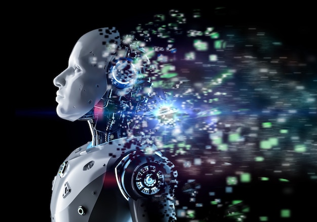 Renderowanie 3d robota sztucznej inteligencji lub cyborga z flarą na czarnym tle