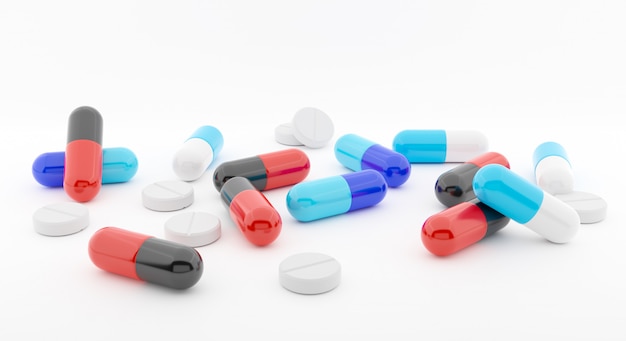 Renderowanie 3d. Różne Tabletki Farmaceutyczne Tabletki I Kapsułki Na Niebiesko