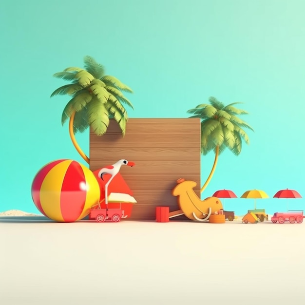 Renderowanie 3D sceny na plaży z drewnianym znakiem z napisem plaża i palmy.